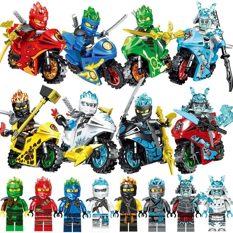 8Pcs Anime Action Figure Toys Collection Combat Ninja Go Minifigs with Motorcycles Mini Figures Building Set Kids Blocks Toys