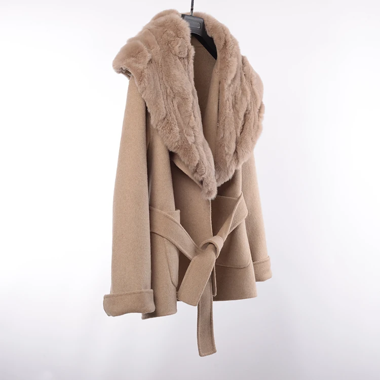 Factory wholesale JTF women rex rabbit jacket beige fur lapel handmade warm short wool coat