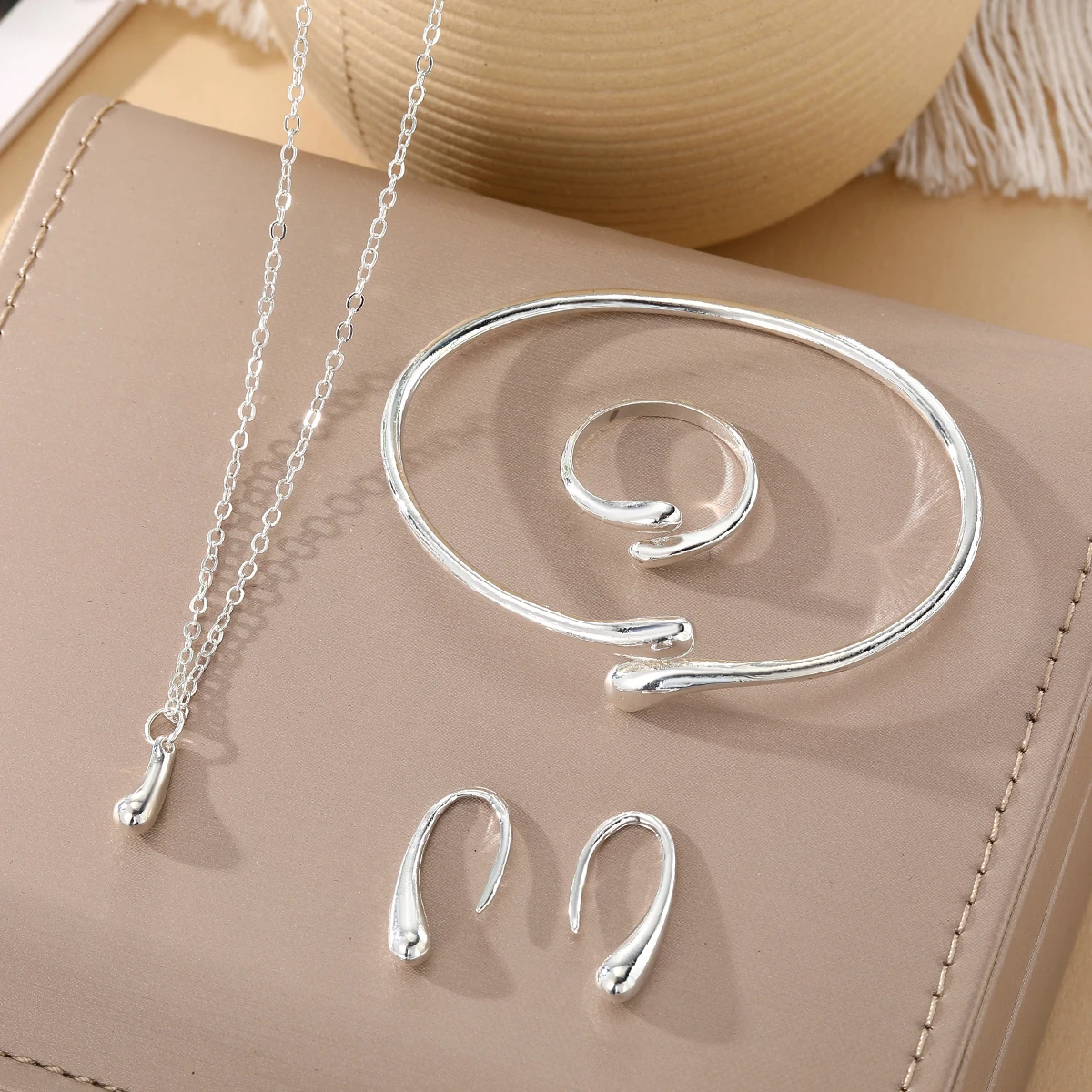 KISSWIFE Adjustable Elegant Water Drop Jewelry Set Alloy Necklace Bracelet Earrings Ring Set for Women