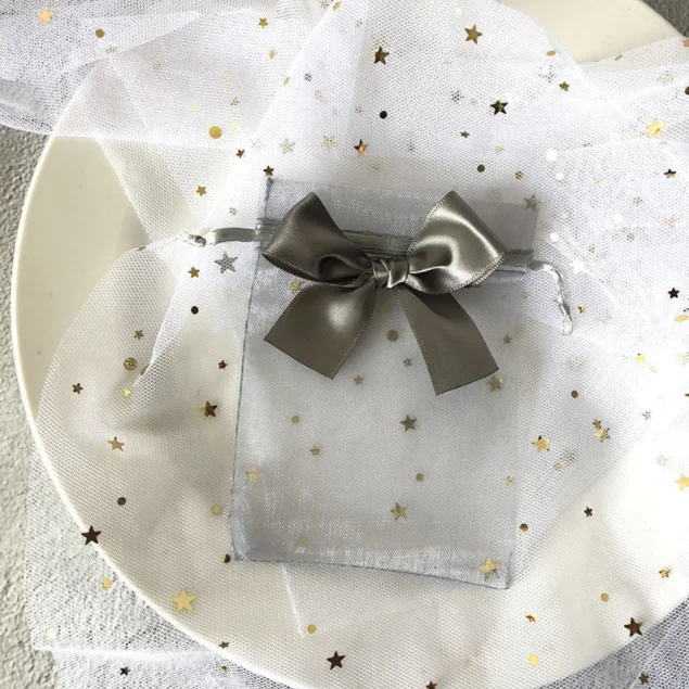 Ribbon candy and soap grey organza drawstring bag