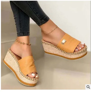 Women Shoes Beach Non Slip Thick Platform Slides Slippers New Clogs Increase Chunky Height Woven Wedges Sandals