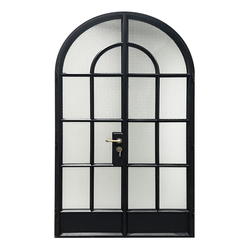 French interior doors Black arched swing double glass doors with opaque pattern laminated glass and vintage copper handles