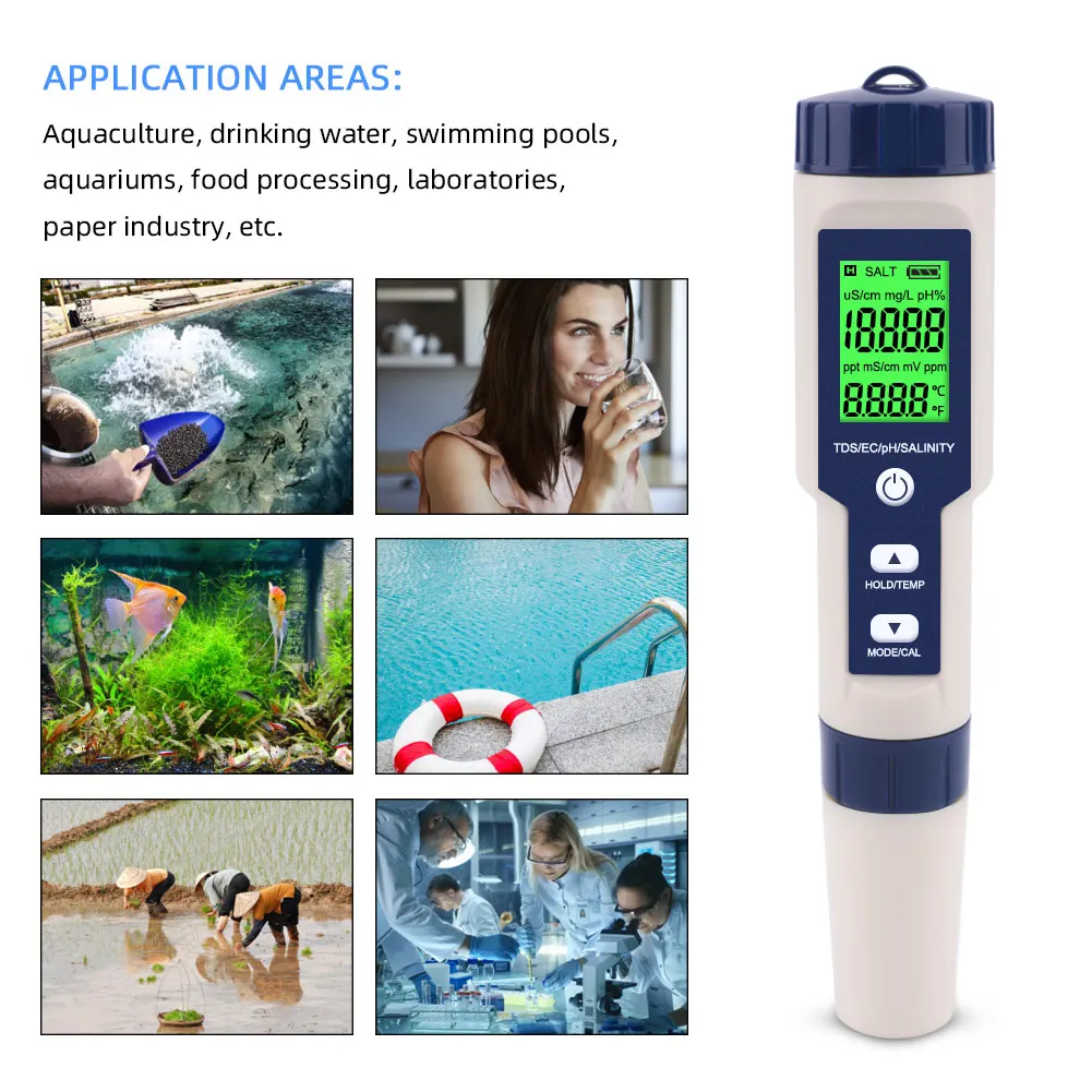 0-60 Celsius degree tds meter sensor 5 in 1 TDS/EC/PH/Salinity/Temp water quality multimeter