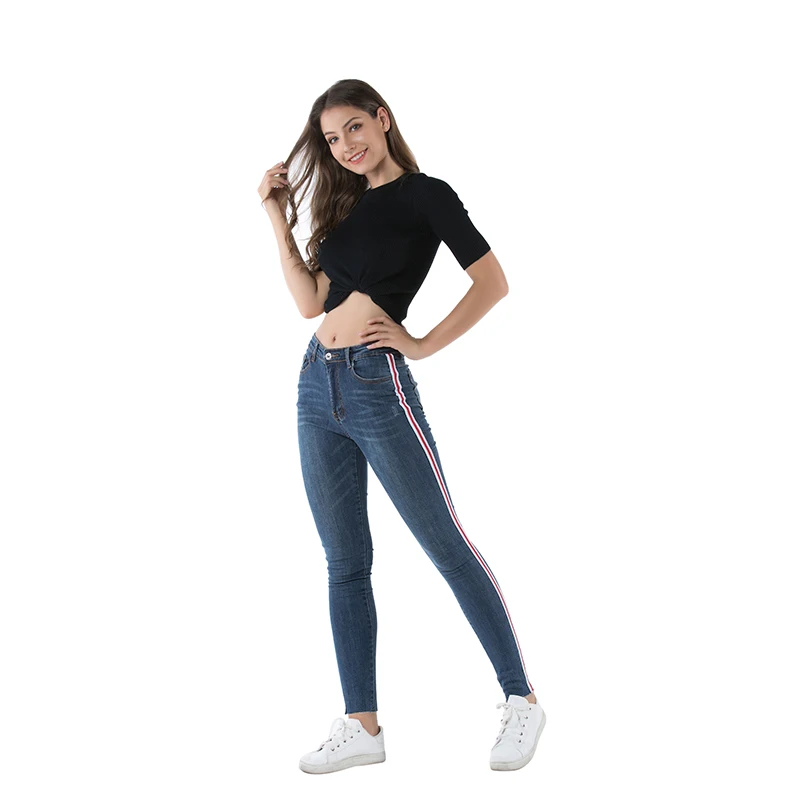 
2021 China Factory OEM Tall Waist Skinny Low Price No Name Brand Side Red Edge Denim Jeans Women 