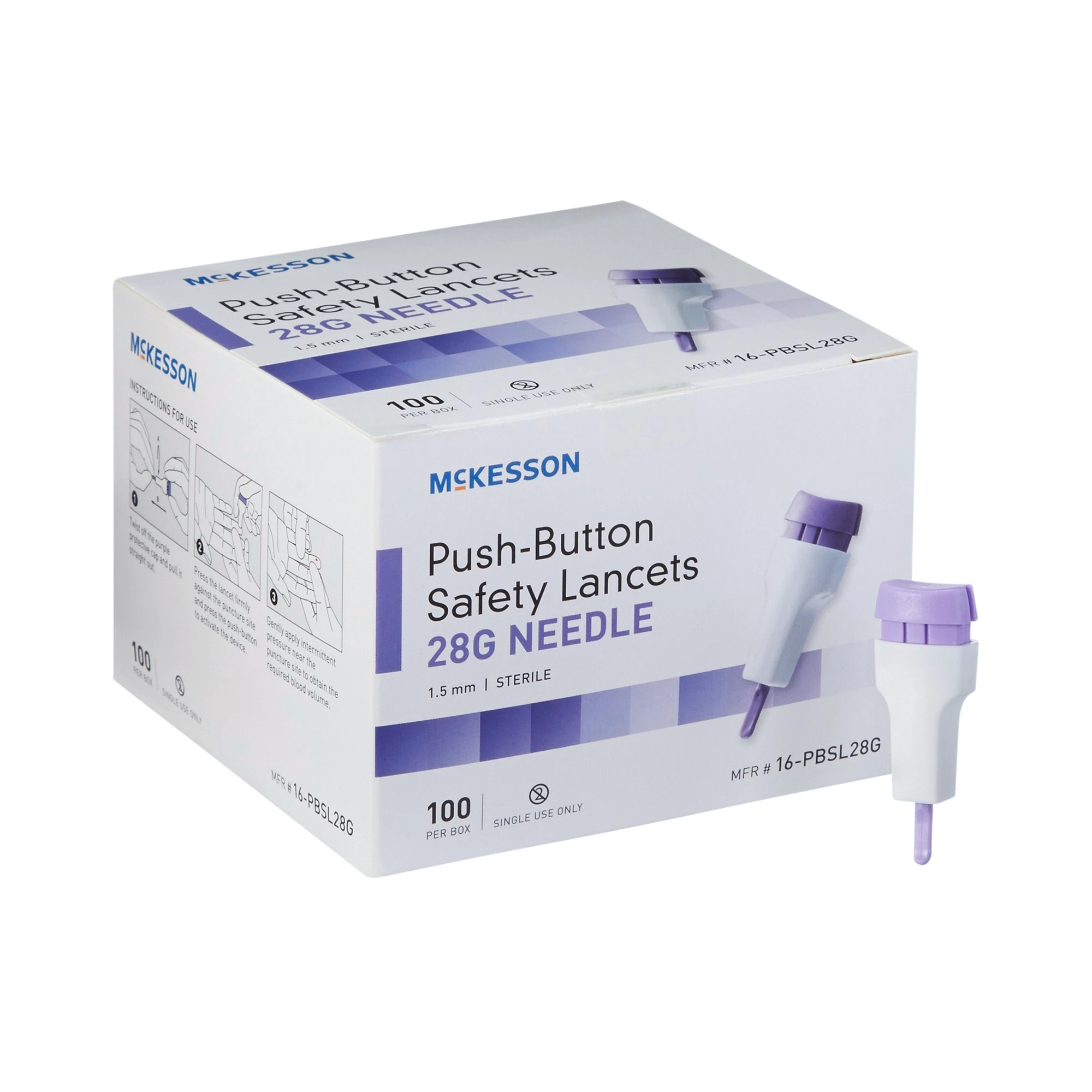 McKesson Lancet Push Button 28 Gauge 1 5 mm Depth 20 Box(s)   100 /Box