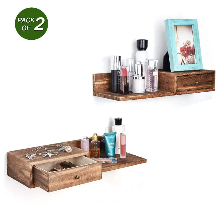 
Hot sale rustic natural carbonized black floating shelf with drawer multi purpose floating shelf 