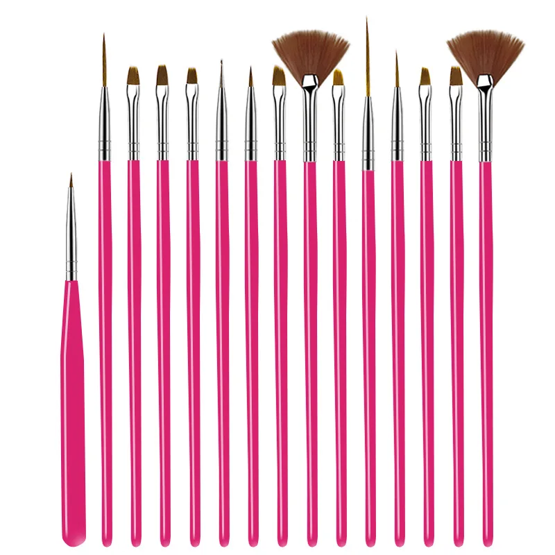 Hot sales Pink Handle Acrylic Drawing Nail Art Tool Set Gradient Nail Brush Set 15pcs