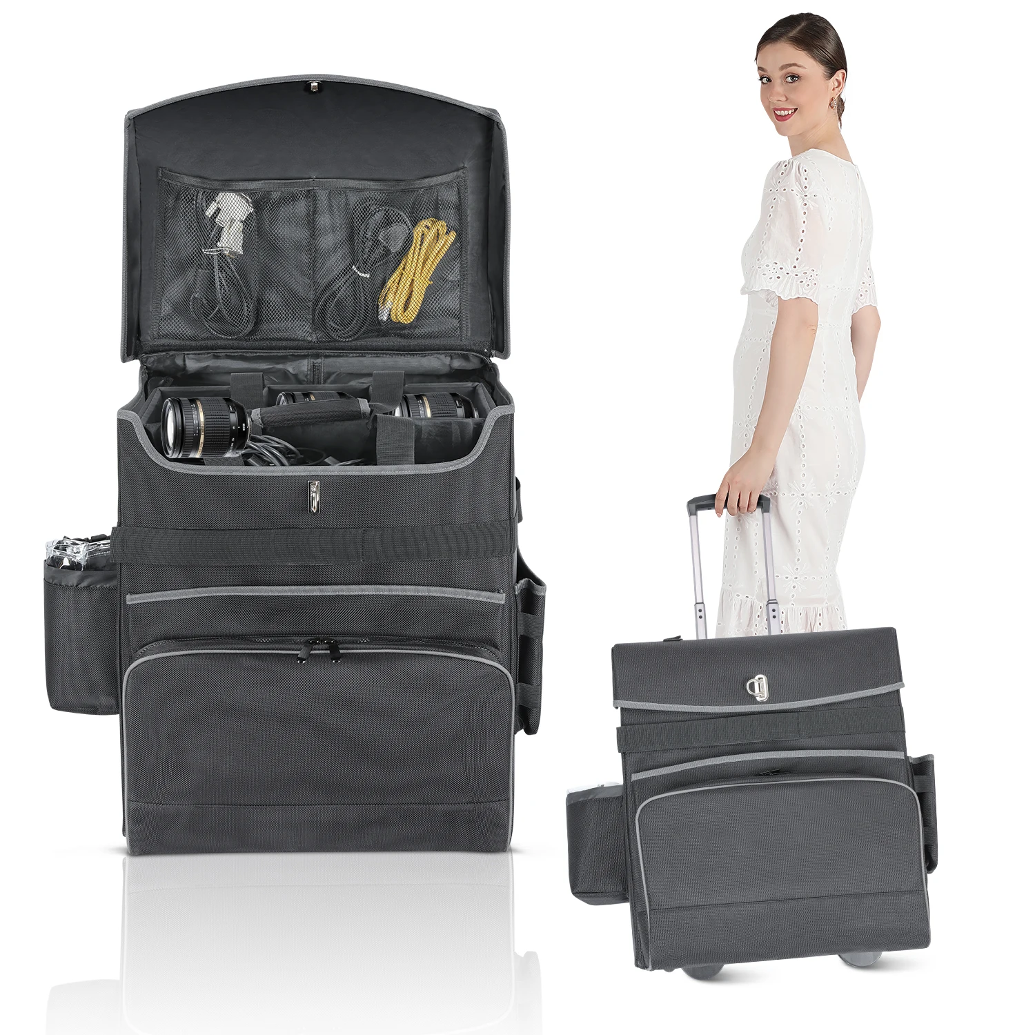 DSLR SLR Water-resistant and Shockproof Wheeled Photographer Camera Bag YCW 2-in-1 Rolling Camera Backpack Trolley Case