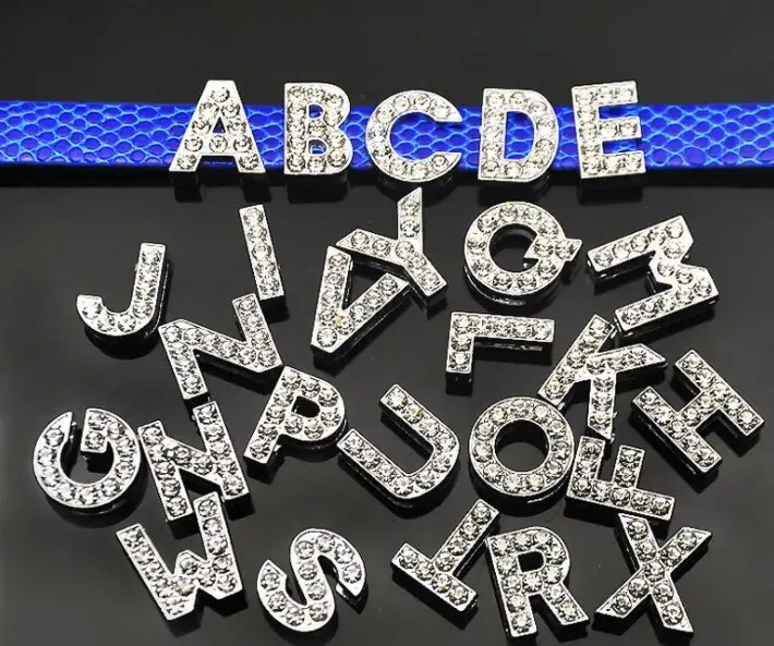 Wholesale metal crystal slide letter charms bracelet jewelry making rhinestones DIY Charm for 8mm 10mm leather strap