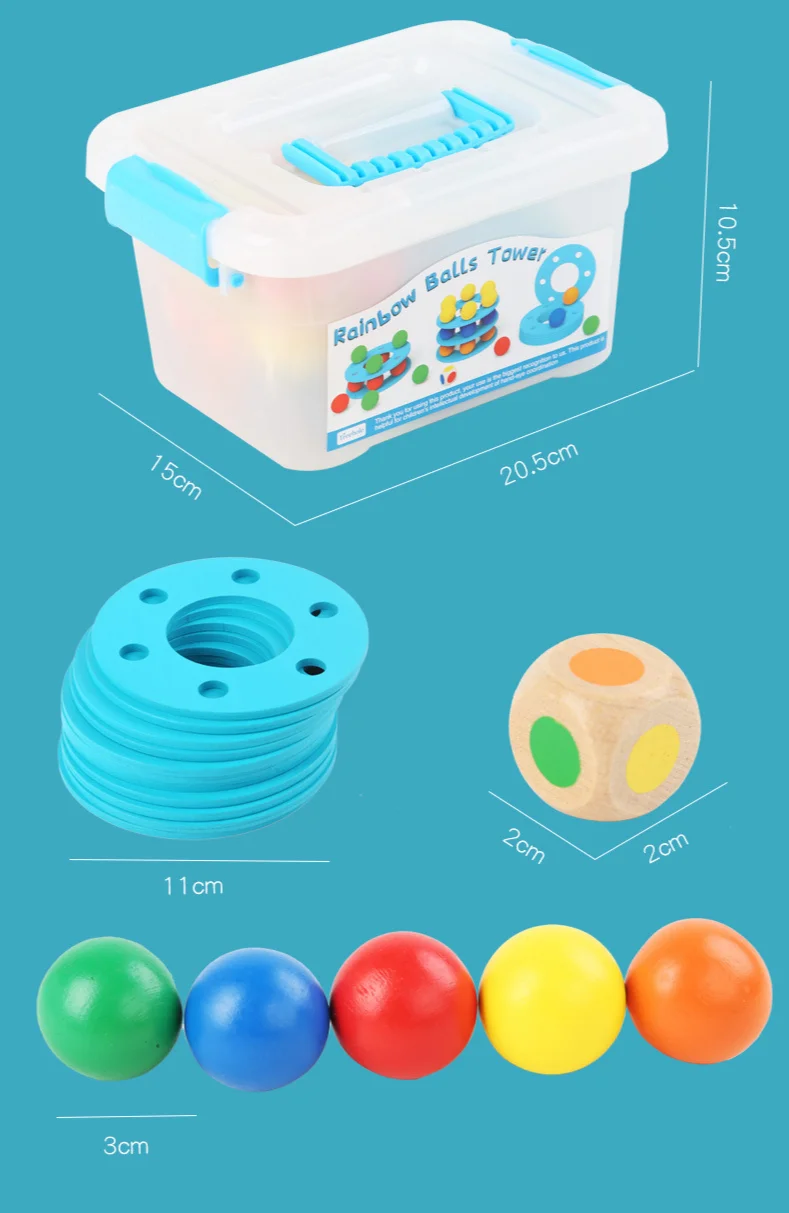 Wooden Rainbow Balls Tower Toys Montessori Rainbow Stacker Balls Building Blocks Learning Color Sensory Educational Toy for Kids
