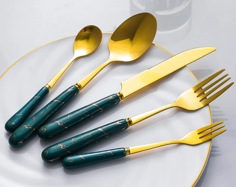 Dropshipping Decorated Ceramic Handled Stainless Steel Flatware Gilded Hand Grip Cutlery Set Spoons Forks Knives for Restaurant