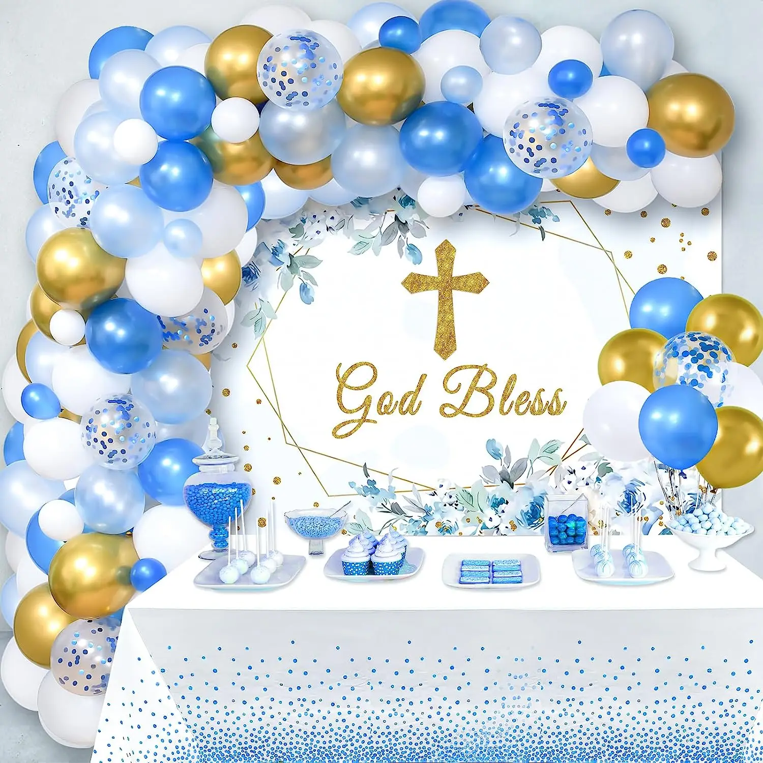 Boys Girls First Communion Decorations God Bless Backdrop Tablecloth Blue Balloon Garland Arch Kit For Baby Shower