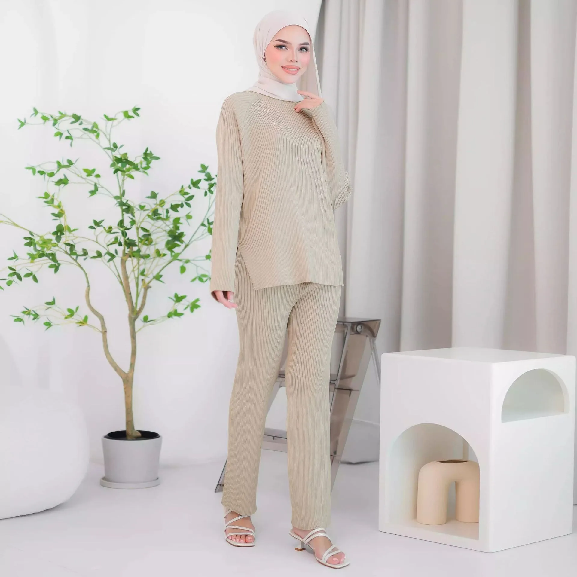 Autumn Winter Women Casual Islamic Clothing Knit Suit Middle Eastern Malaysia Indonesia Jilb Abaya Muslim Dress 2 Pieces