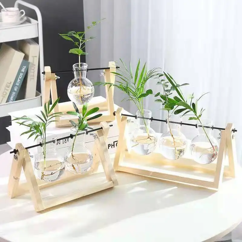 Desktop glass planter bulb glass vase with wooden stand propagation station