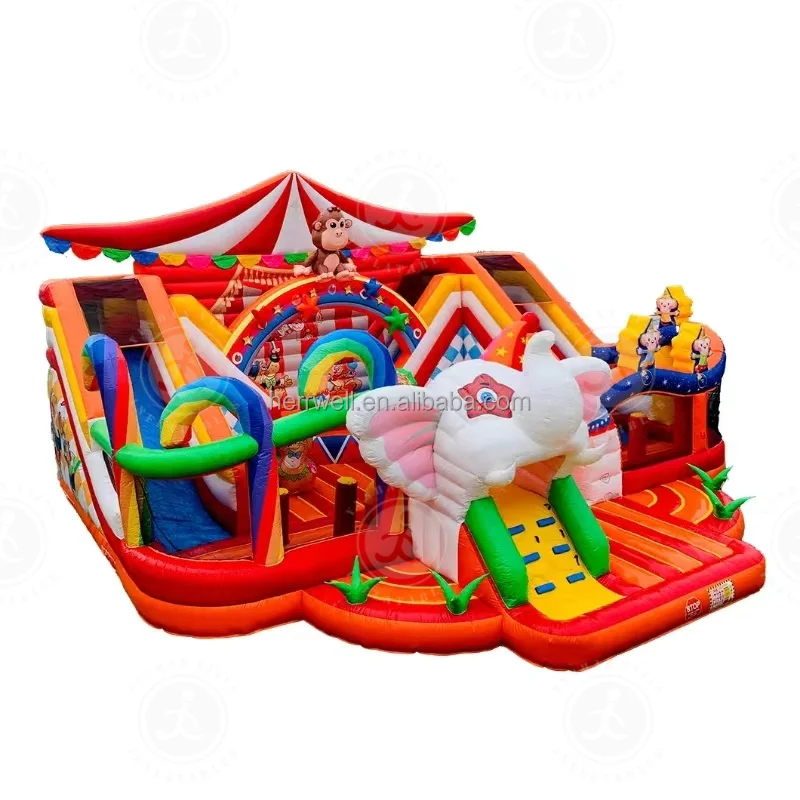 Kids Outdoor Huge Inflatable Circus Playground Interactive Inflatable Amusement Park With Bouncer and Slide For Kids and Adults