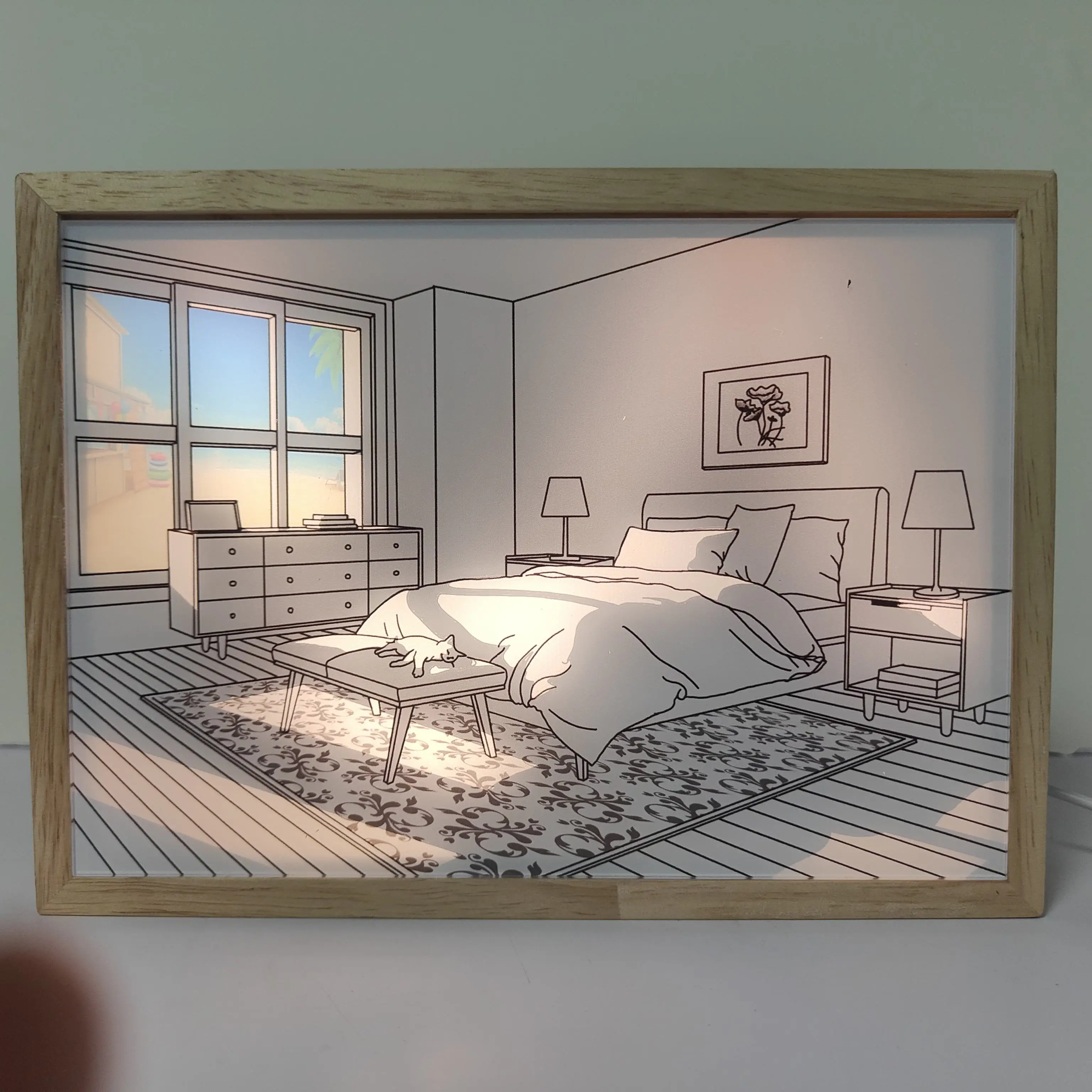 Customize 3D Creatives Acrylic Board Led Art Wood Frame Wall Painting Sunshine Picture Mood Light Bedroom Decoration