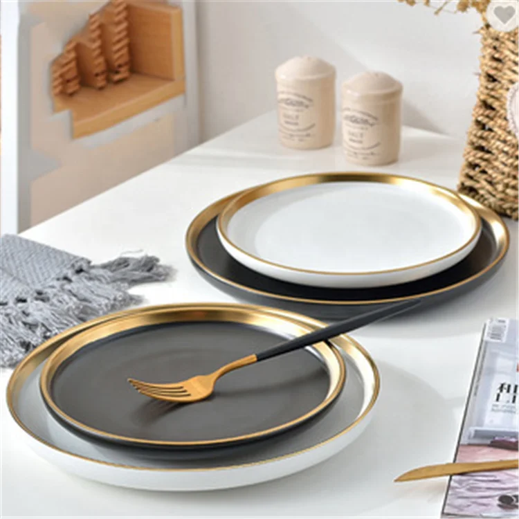 Ceramic round black and white gold rim dinner plate wedding charger plates
