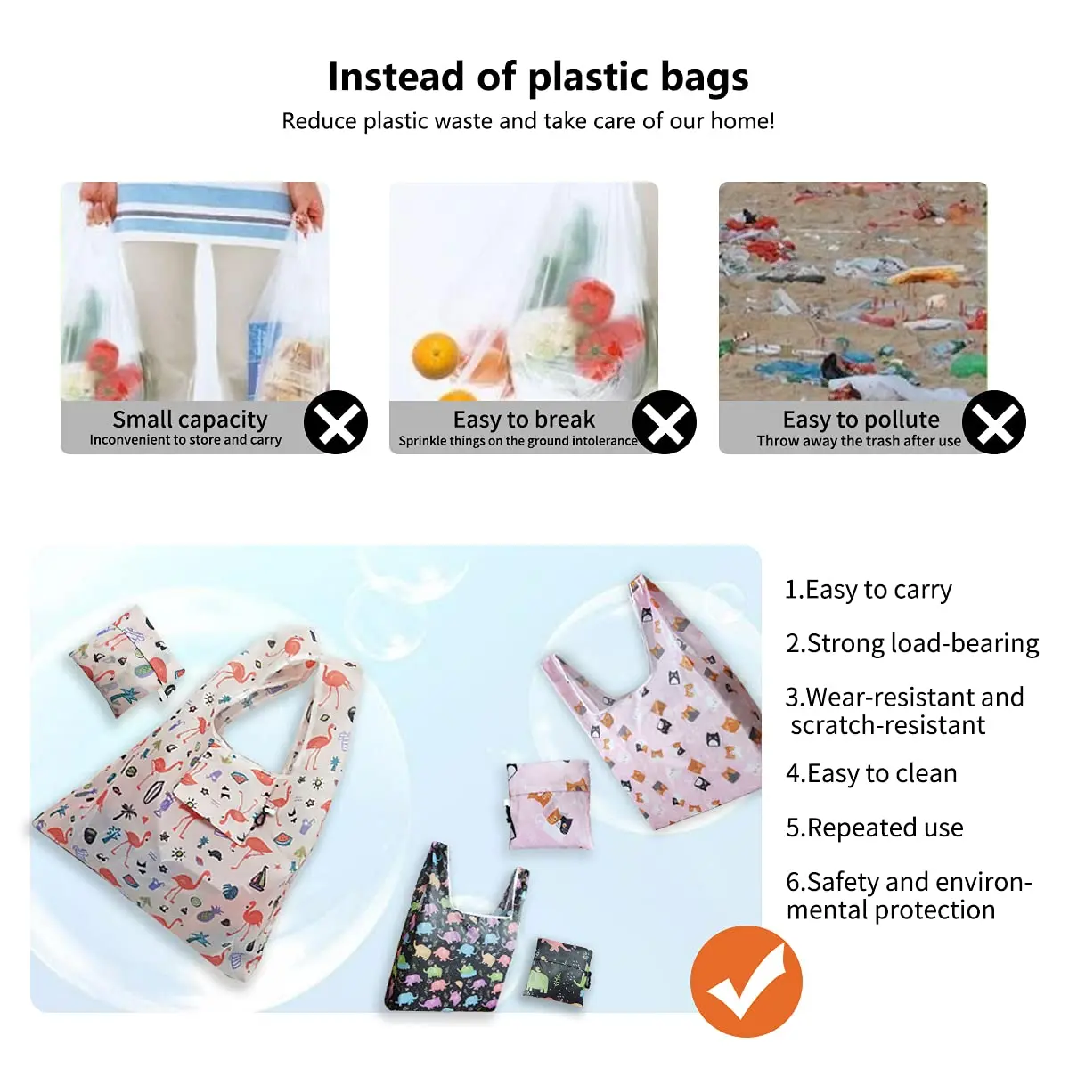 Reusable Grocery Bags Large Capacity Foldable Shopping Bags Washable Flamingo Cat Alpaca Owl Polar Bear Shopping Tote Bag