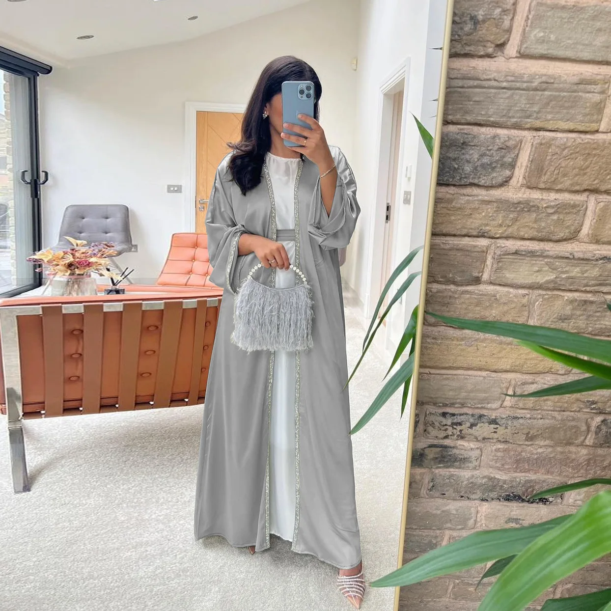 2024 New arrival plain color satin islamic Eid dress sets rhinestone decoration free with belt Turkey open abaya