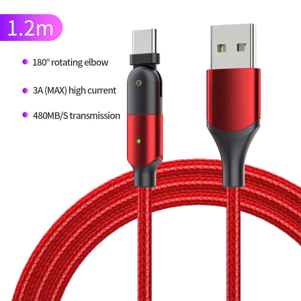 
New arrival Durable 180 Rotating elbow 3A fast charging Nylon braided high spend data transmission cable for phone 