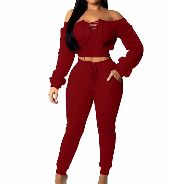 Fashion Sexy Long Sleeve Lace Up Off Shoulder Wholesale Clothing Crop Top with High Waist Pants Yoga Leggings 2 Piece Outfit Set