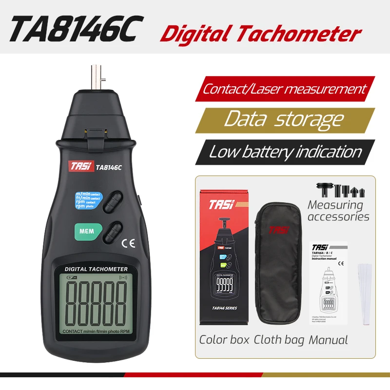 TASI TA8146C Tachometer Contact/Non-contact LCD Speed Meter 2.5-99 999 RPM
