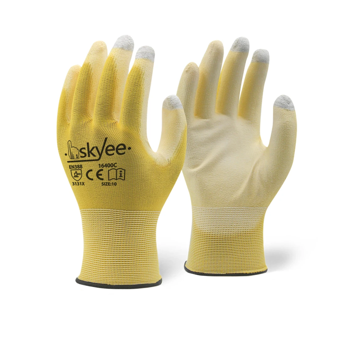 SKYEE brand new 13 gauge pu coated polyester nylon touch screen finger reinforce construction gloves for gardening