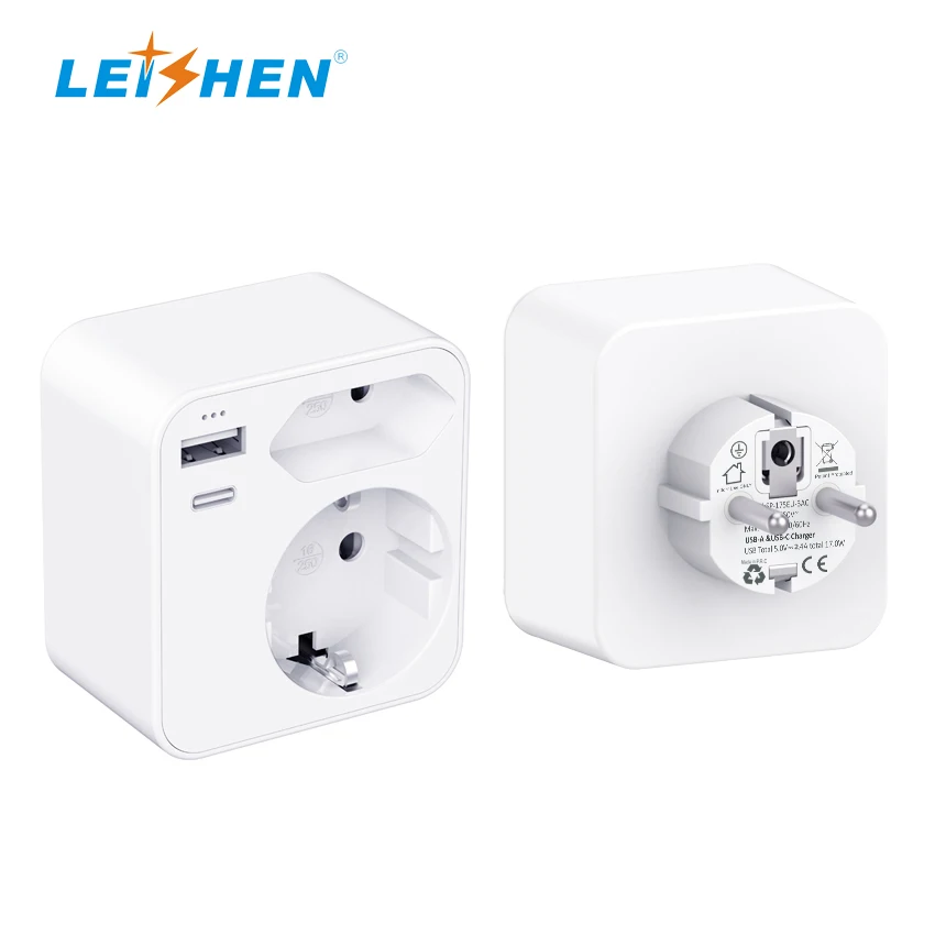 2023 Newest Hot Selling 250V 16A Fuse EU to EU Plug 7 IN ONE German to German USB Travel Adapter With Type-C  5V/3.4A
