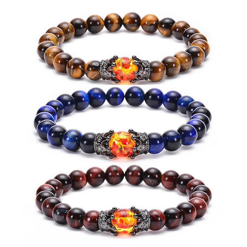 Wholesale Fashion Natural Tiger Eye Lava New Design Crown Amber Charm Elastic Beaded Healing Stone Bracelets