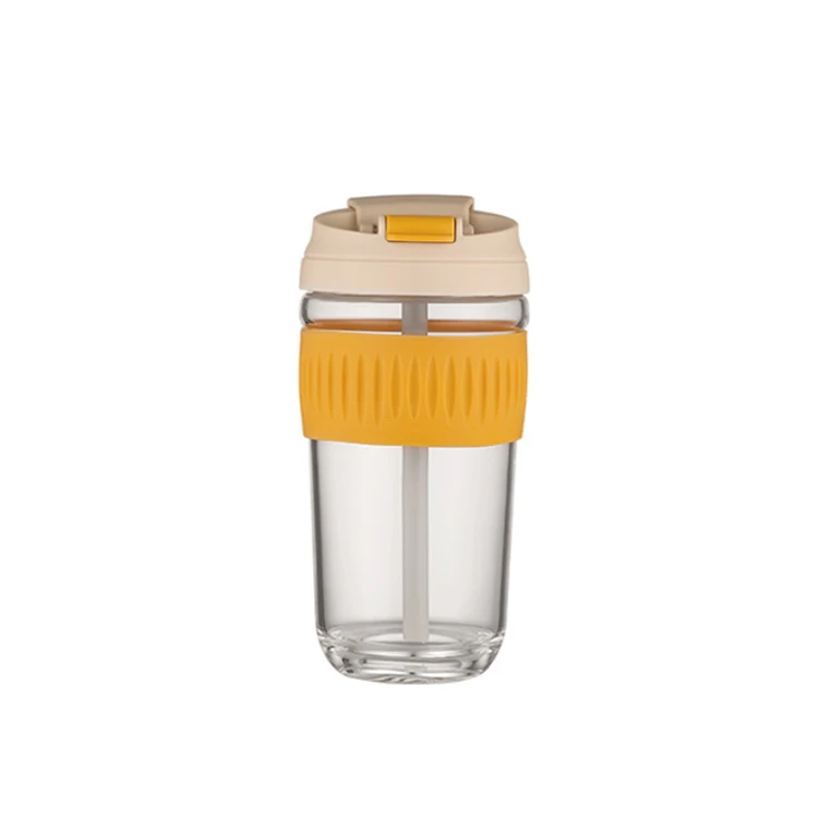 
Good quality reusable coffee cup borosilicate take away glass cup with leak proof PP lid for outdoor travel 