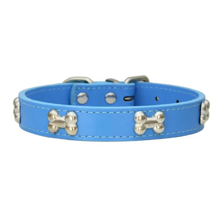 Dog products 15 colors studded bone dog leather collar for wholesale Adjustable pet collars