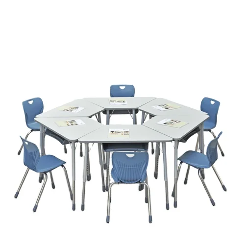 Trapezoidal plastic table furniture kindergarten desk cheap Combined Trapezoid School Desk and Chair Sets for sale