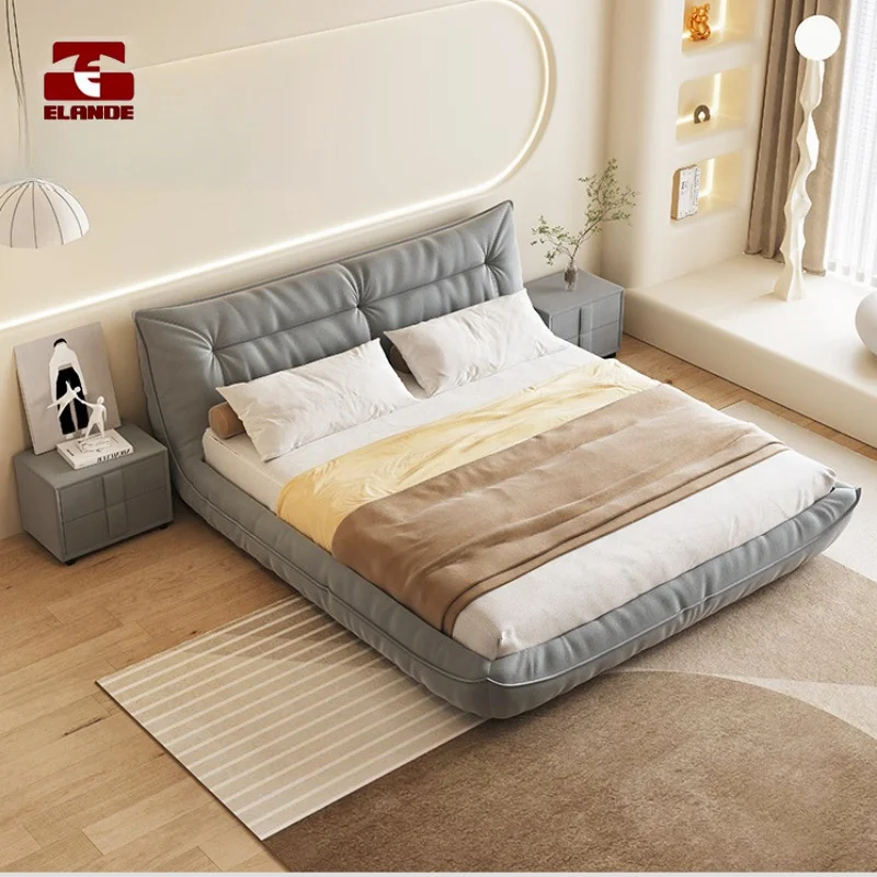 Lit Queen En Tissu Technologique Lit De Chambre a Coucher Simple Simple Tissu De Vent Cremeux Lit Roi Masculin Meubles De Chambr