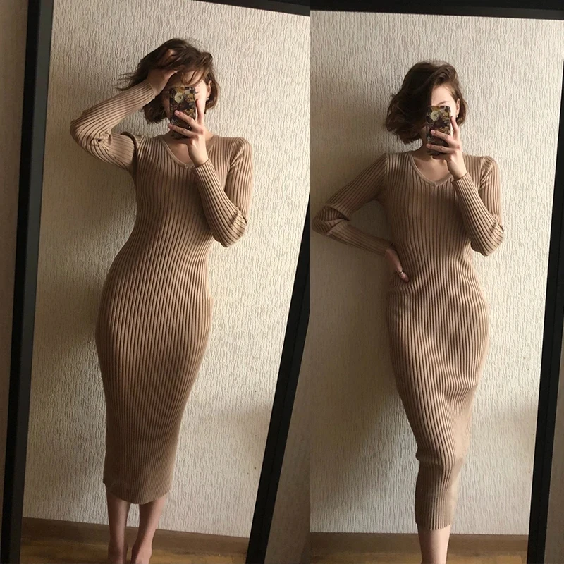 Women Autumn Knitted Dress V Neck Sexy Basic Bodycon Sweater Dress Winter knit Warm Long Dress