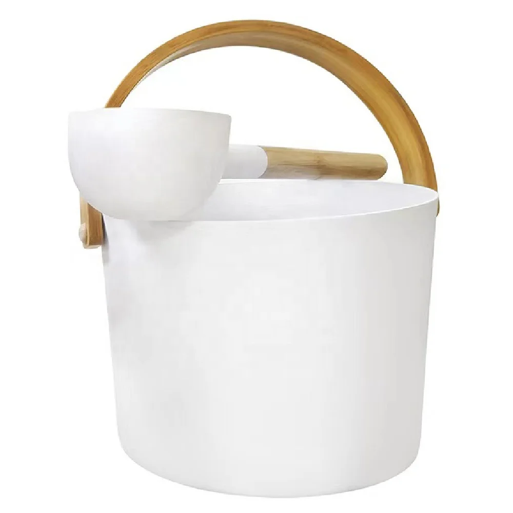 7L Sauna Room Accessories Aluminum  Bucket with Long Wooden Handle Spoon Spa Shower  Bath Kit