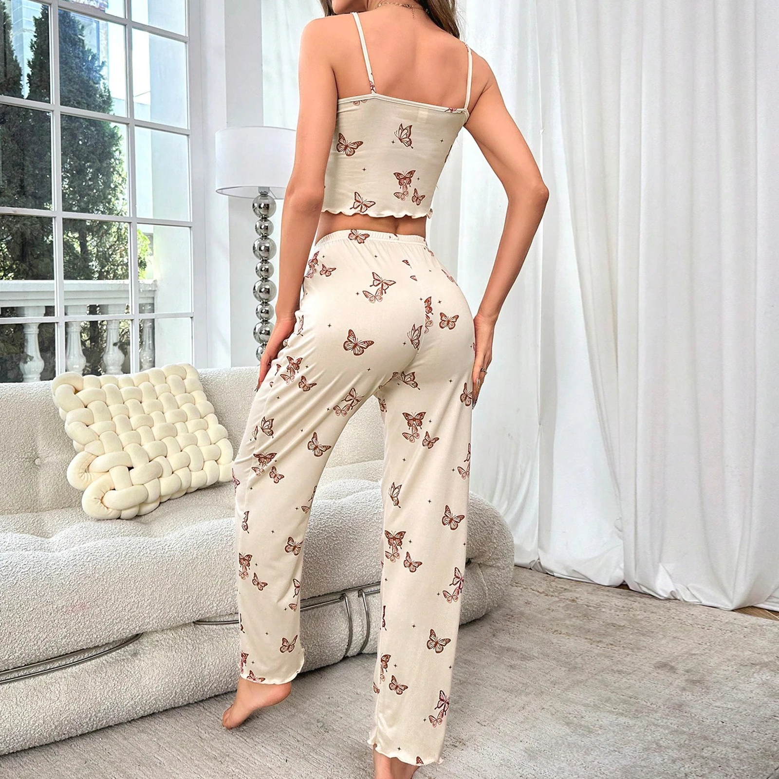 XYKrissas Wholesale Supply Sexy Sleepwear Pajamas Sets Lounge Wear Butterfly Pattern Woman Camisole Pants Pajama Set For Women