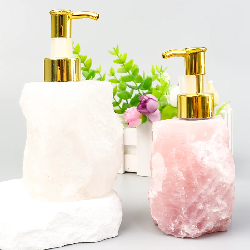 Feng Shui Hand-Wash Bottle Natural Rose Quartz Crystal Raw Stone Labrador Manual Soap Dispenser Treatment Stone Religious Model