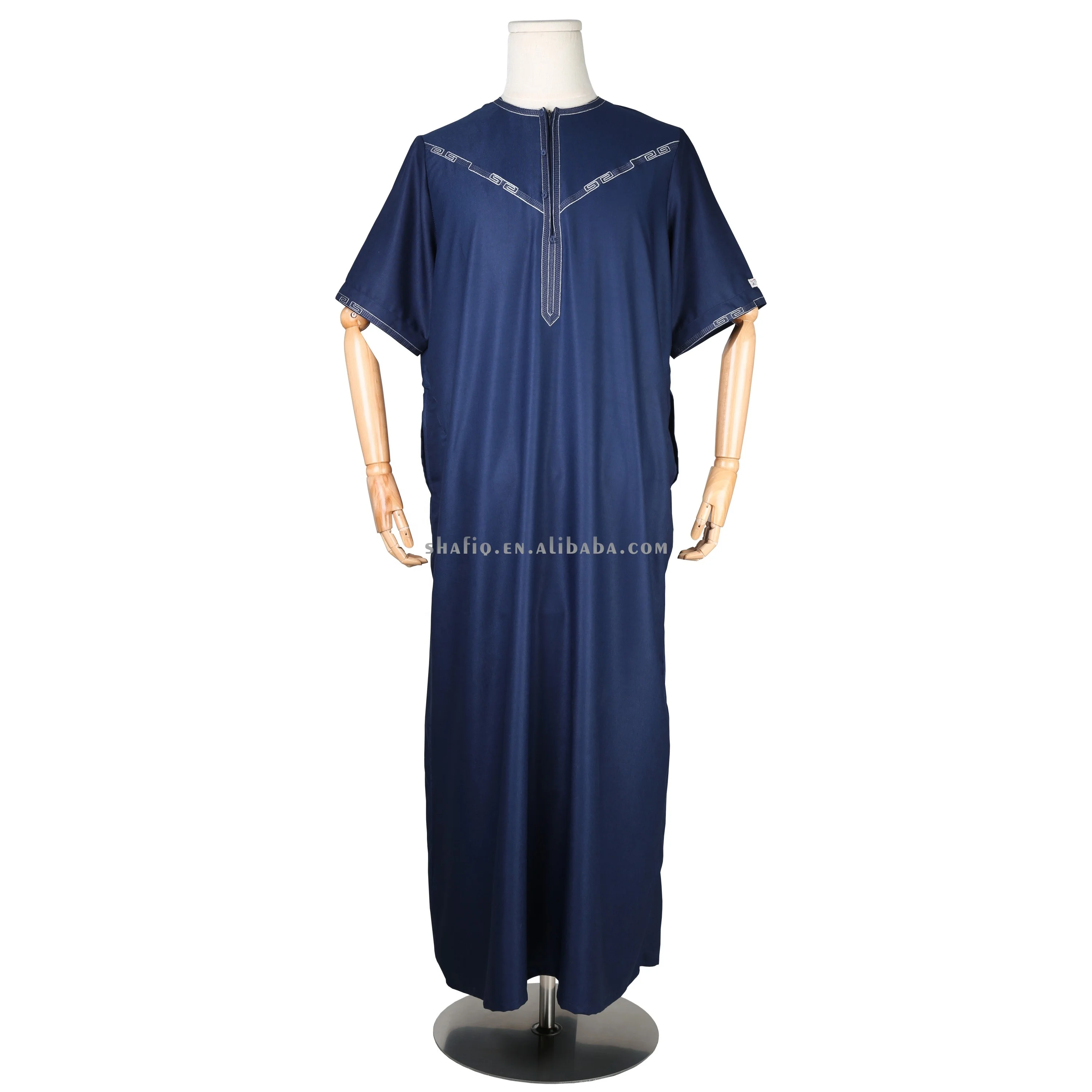 Short Sleeve Embroidered Round Neck African Muslim Prayer Jalabiya Islamic Clothing Jubah Boubou Men Thobe With Zip