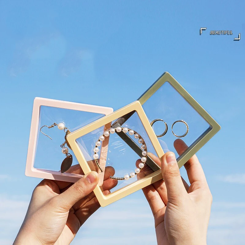 Colorful 3D packaging cases free stand plastic floating frame display gift pe film jewelry storage box