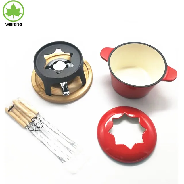 Cast Iron Fondue Pot Set 6 Fondue Forks Safety Burner Chocolate Cheese