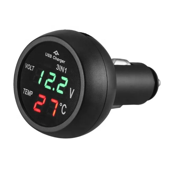3 in 1 12/24V Car Auto Monitor Display USB Charging Charger For Phone Tablet GPS LED Digital Voltmeter Gauge Thermometer