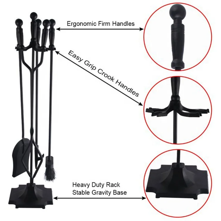 Large Wrought Iron Outdoor Fire Pit Stand with 5-Piece Fireplace Tools Set for Outdoor Fireset & Fire Tool Holder