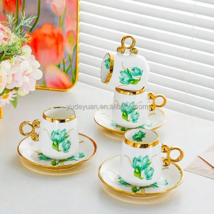 European Afternoon Tea Handmade Ceramic Gold Plated Custom Printed Design Arabic Wholesale Tea Turkish Coffee Cups And Saucers