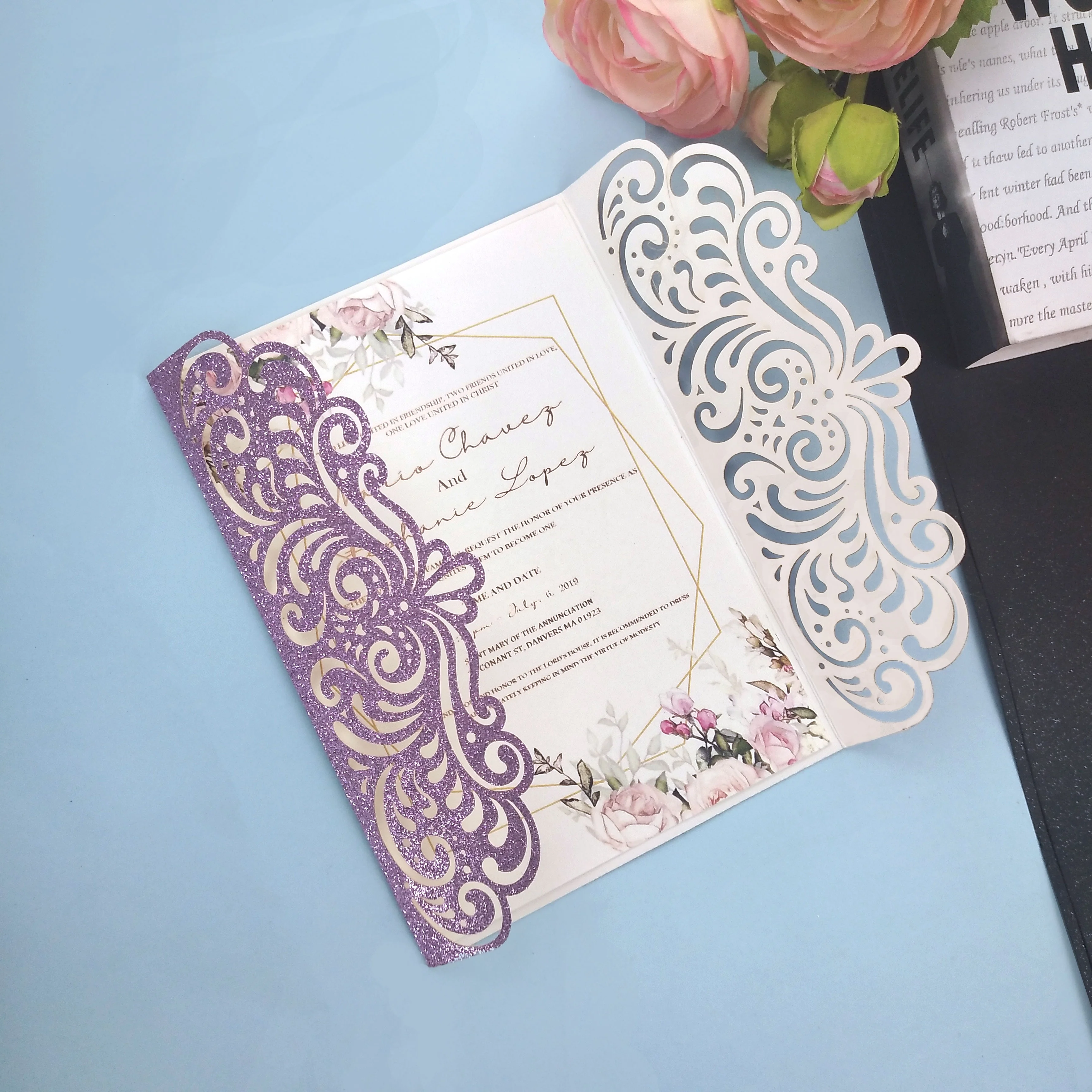 Wholesale laser cut eco-friendly paper thank you card custom holiday greeting cards with envelope and sticker