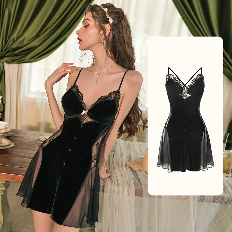 Autumn Winter Velvet Babydoll Hot Sexy Bedroom Night Dresses Women Nightdress For Woman