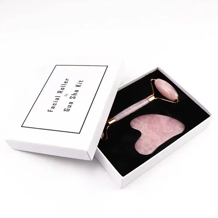 Pink Rose Quartz Stone Crystal Jade Facial Beauty Face Massage Roller Gua Sha Set Jade Roller For Face
