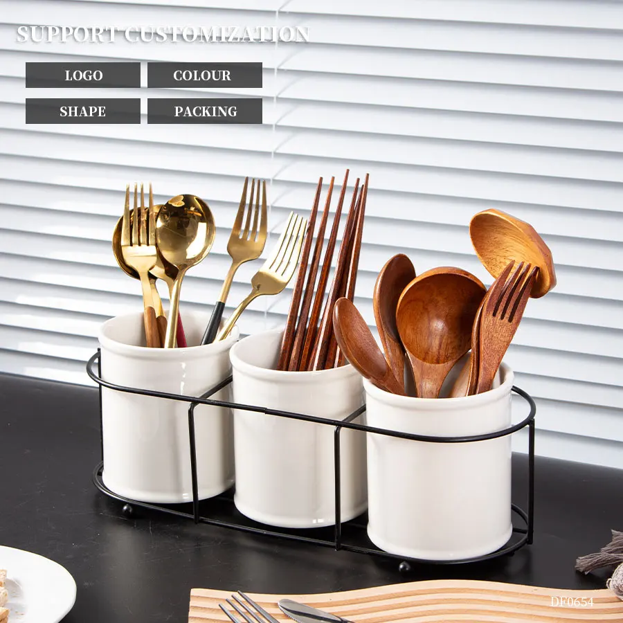 Kitchen accessories new products 2024 modern luxury ceramic utensils holder with iron rack