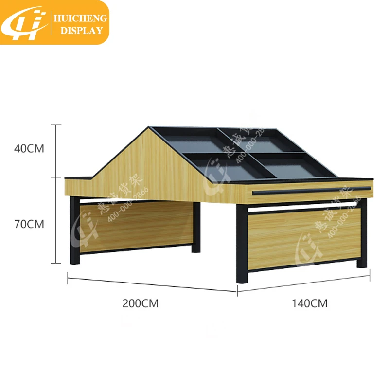 customized Supermarket wooden double sided Tilt-Top racks  Produce display table for vegetables