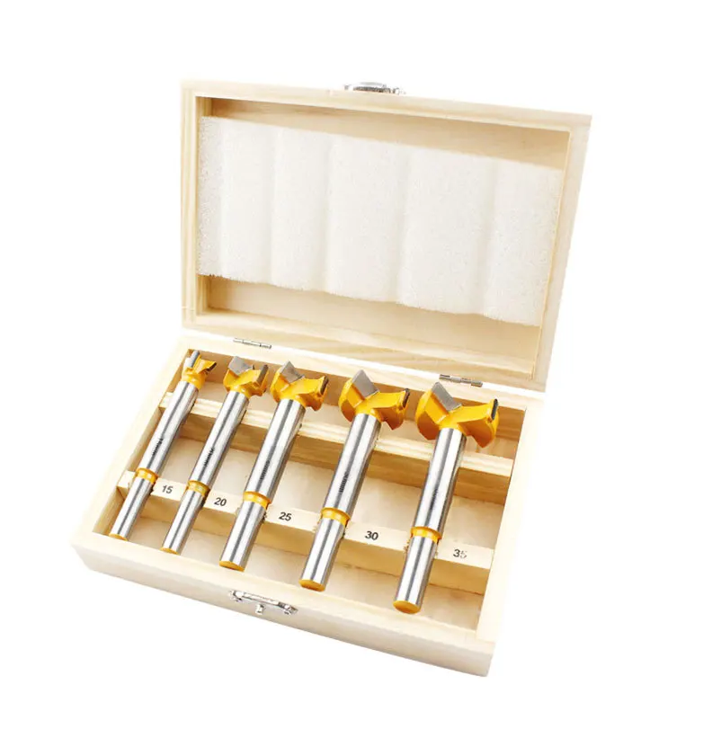 5Pcs Hinge Boring Wood Forstner Drill Bit Set with Continous Cutting Edge in Wood Box for Wood hole