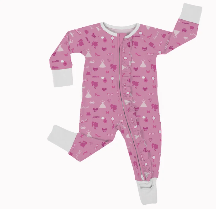 Custom Soft Bamboo Fabric Any Pattern Newborn Baby Infant Ruff Zipper Jumpsuit